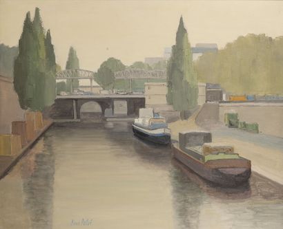 PIERRE PALUE (1920-2005) Quai de Jemmapes, le canal Saint-Martin, Paris. 
Huile sur...