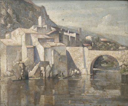 Ywan CERF (1883-1963) Paysage cubisant au pont.

Huile sur panneau. 

Signée en bas...