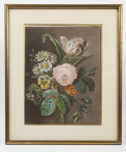 Ecole du XIXème siècle - Bouquet de dahlias.

Aquarelle sur trait de crayon.

Signée...
