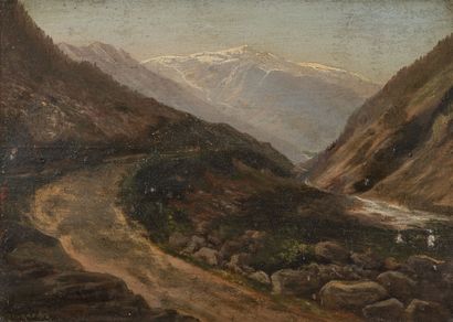 Ecole FRANCAISE de la fin du XIXème siècle Road and stream in a mountain landscape.

Oil...