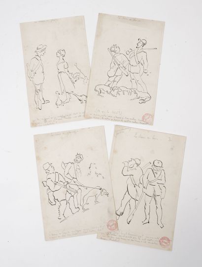 Ecole de la fin du XIXème siècle Quatre dessins figurant des scènes de chasse. 

Cachet...