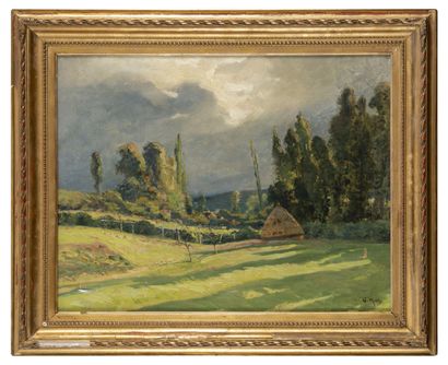 Georges Jules MOTELEY (1865-1923) Fields with a haystack. 

Oil on canvas.

Signed...