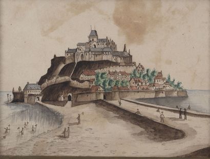 ECOLE FRANCAISE DU XIXème siècle Vue naïve du Mont Saint-Michel. 

Aquarelle. 

12...