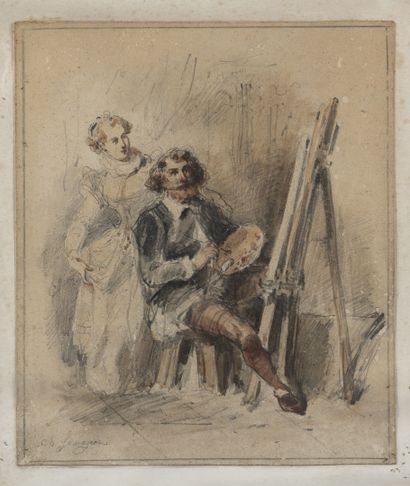 Charles SAUVAGEOT (1826-1883) Peintre à son chevalet.

Aquarelle.

Signée en bas...