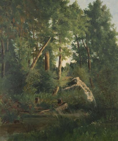 Émile MAILLARD (1846-1926) Cours d'eau en sous-bois.

Huile sur toile.

Signée en...