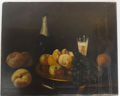 Ecole du XIXème siècle Le Soir, nature morte aux fruits et champagne. 1884.

Huile...