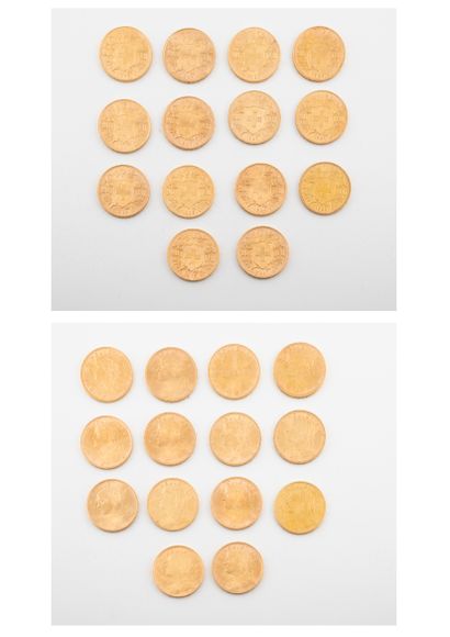 SUISSE 
Lot de quatorze pièces de 20 francs or, 1922, 1927 (X2) , 1935 (X 5), 1947...