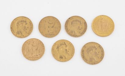 France Lot of seven 20 francs gold coins :

- Four Napoleon III coins, bareheaded,...