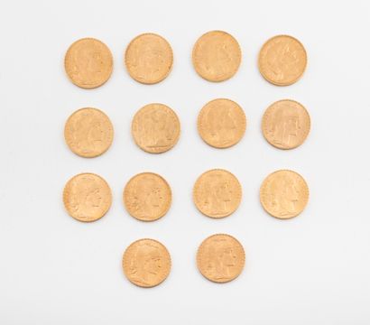 France 
Lot de quatorze pièces de 20 francs or, 1897,1905, 1907 (X 2), 1909 (X 3),...
