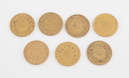 France Lot of seven 20 francs gold coins :

- Four Napoleon III coins, bareheaded,...