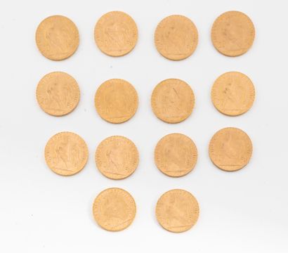 France 
Lot de quatorze pièces de 20 francs or, 1903, 1907 (X2), 1908, 1909 (X 3),...