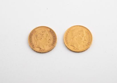 France Deux pièces 20 francs or, Napoléon III lauré, 1869, 1870, Paris.

Poids total...