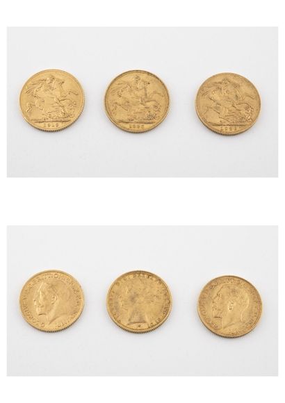 GRANDE-BRETAGNE Lot of three gold sovereigns :

- Two George V coins, 1913 and 1926.

-...
