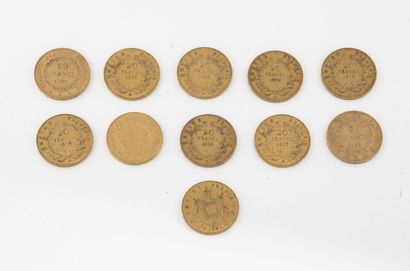 null Lot de onze pièces de 20 francs or, comprenant : 

- 7 Napoléon III, tête nue,...