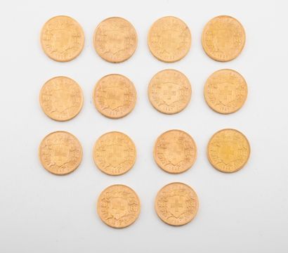 SUISSE 
Lot de quatorze pièces de 20 francs or, 1922, 1927 (X2) , 1935 (X 5), 1947...