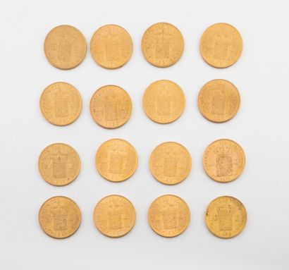 HOLLANDE 
Lot de seize pièces de 10 florins or, 1877, 1912 (X 5) , 1917 (X 7), 1925...