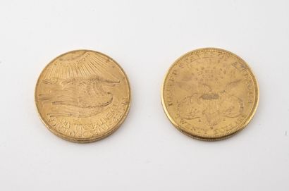 ÉTATS UNIS Deux pièces de 20 dollars or, 1887 et 1922.

Poids total : 66.84 g.

Rayures,...