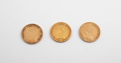 Allemagne Three coins of 10 gold marks, 1872, 1904, 1909.

Total weight : 11,85 g.

Wear...