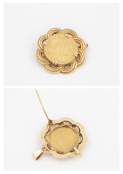 null Broche pendentif en or jaune (750) retenant une pièce de 20 francs or, IIIème...