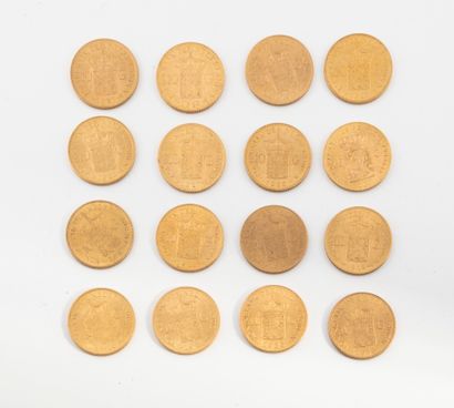 HOLLANDE 
Lot de seize pièces de 10 florins or, 1875, 1912 (X6), 1913 (X 2), 1917...