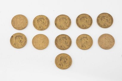 null Lot de onze pièces de 20 francs or, comprenant : 

- 7 Napoléon III, tête nue,...
