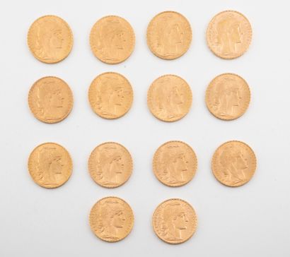 France 
Lot de quatorze pièces de 20 francs or, 1907 (X 4), 1908, 1909 (X 4) , 1910...