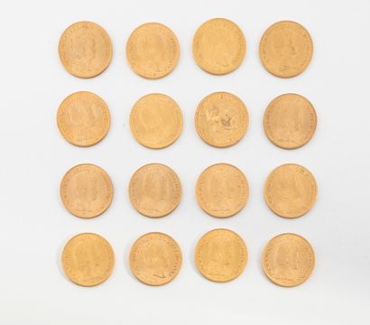 HOLLANDE 
Lot de seize pièces de 10 florins or, 1875, 1911, 1917 (X11), 1925, 1927,...