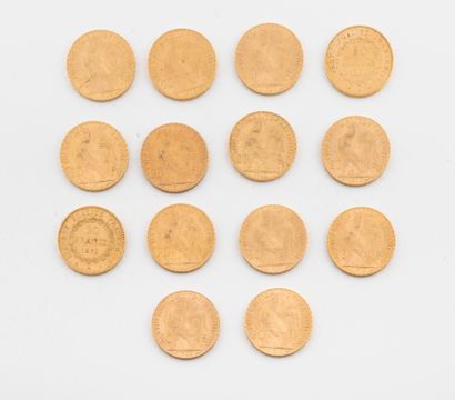 France 
Lot de quatorze pièces de 20 francs or, 1876, 1895, 1900, 1905, 1907, 1908...