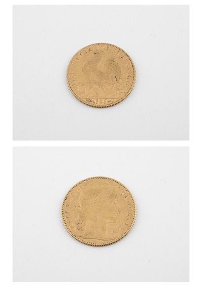 France Une pièce de 10 francs or, 1906. 

Poids : 3.21 g. 

Usures et rayures.