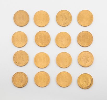 HOLLANDE 
Lot de seize pièces de 10 florins or, 1877, 1912 (X 5) , 1917 (X 7), 1925...