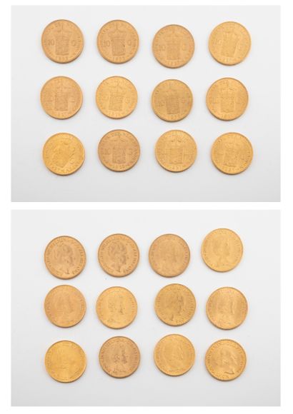 HOLLANDE 
Lot de douze pièces de 10 florins or, 1912 (X 4), 1917 (X4), 1927, 1932...