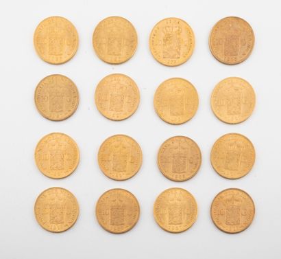 HOLLANDE 
Lot de seize pièces de 10 florins or, 1875, 1912, 1913 ( X 3) , 1917 (...