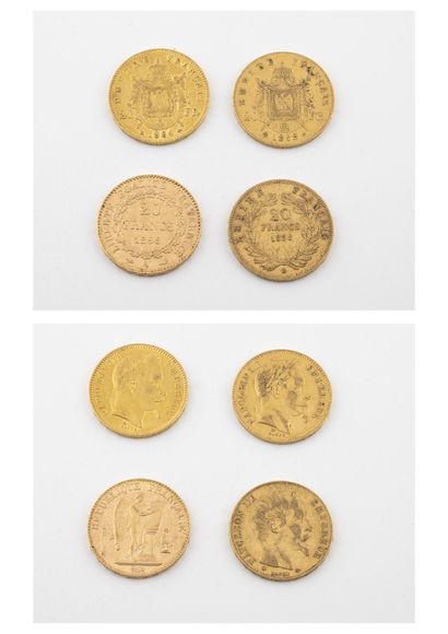 France Lot de quatre pièces de 20 francs or :

- Une pièce Napoléon III, tête nue,...