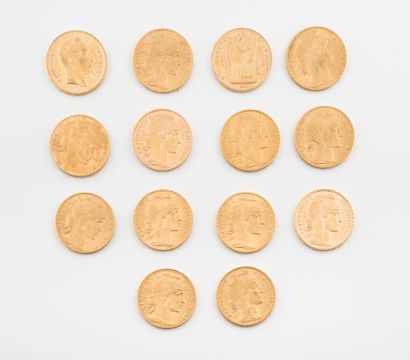 France 
Lot de quatorze pièces de 20 francs or, 1867, 1894, 1903, 1906, 1907 (X 2),...