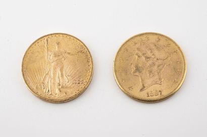 ÉTATS UNIS Deux pièces de 20 dollars or, 1887 et 1922.

Poids total : 66.84 g.

Rayures,...