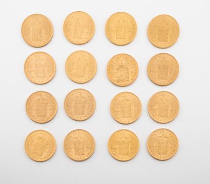 HOLLANDE 
Lot de seize pièces de 10 florins or, 1875, 1911, 1917 (X11), 1925, 1927,...