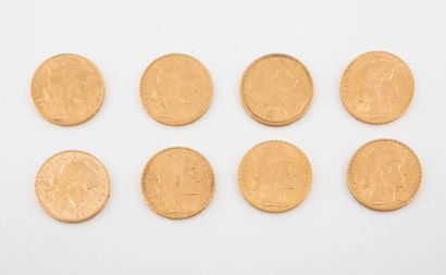 France 
Lot de huit pièces de 20 francs or, 1908 (X 2), 1909 (X 2), 1911 ( X2), 1912,...