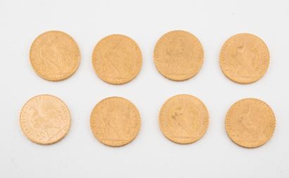 France 
Lot de huit pièces de 20 francs or, 1908 (X 2), 1909 (X 2), 1911 ( X2), 1912,...