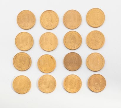 HOLLANDE 
Lot de seize pièces de 10 florins or, 1875, 1912 (X6), 1913 (X 2), 1917...
