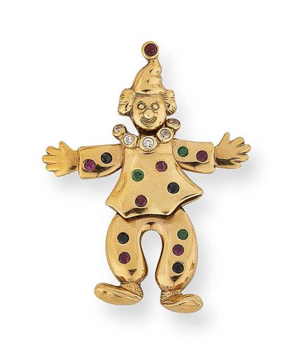 null Pendentif clown articulé en or jaune (750) orné de pierres précieuses de couleurs...