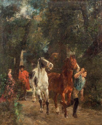 John Lewis BROWN (1829-1890) Le palefrenier rentrant les chevaux, 1875.
Huile sur...