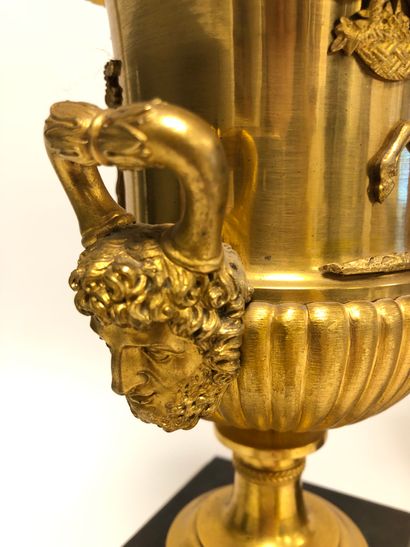 null Pair of ormolu Medici vases with handles with bearded heads, and the body decorated...