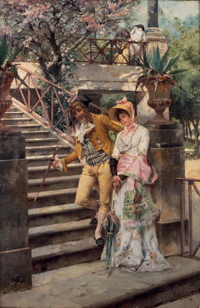 Giulo CERVI (1854-1893) Rendezvous at the foot of a park staircase. Oil on canvas....
