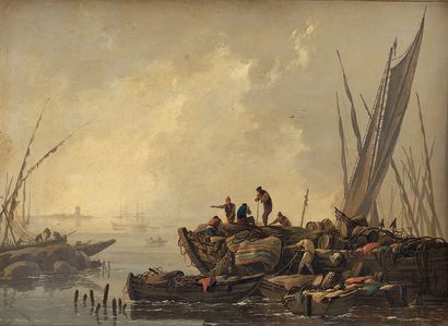 Jean PILLEMENT (Lyon 1728-id.1808) Scène de port avec pêcheurs et voiliers.
Huile...