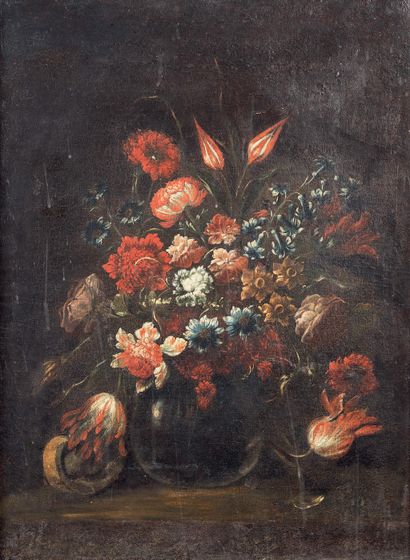 ECOLE ITALIENNE DU XVIIème SIECLE Vase de fleurs sur un entablement. Huile sur toile....