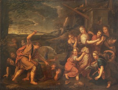 Ecole de Charles LEBRUN (1619-1690) Moses defends the daughters of Jethro.
Oil on...