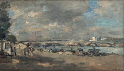 ALBERT LEBOURG (1849-1928) Berge de la Seine animée à Paris. Huile sur toile. Signée...