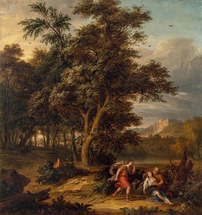 Attribué à Johaness GLAUBER (Utrecht 1646- Schoohoven 1726) Wooded landscape with...