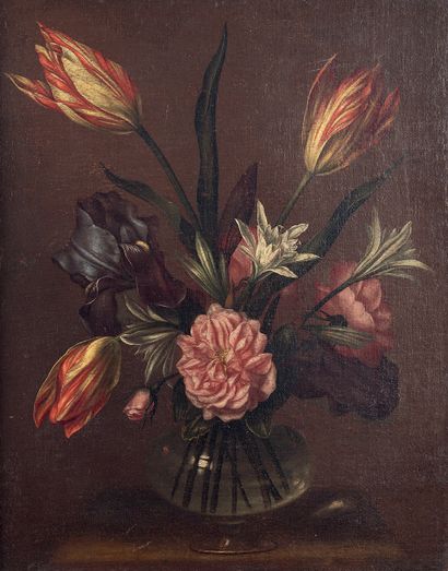 Ecole d' Antonio PONCE (Valladolid 1608-Madrid 1662) Vase de fleurs sur un entablement,...