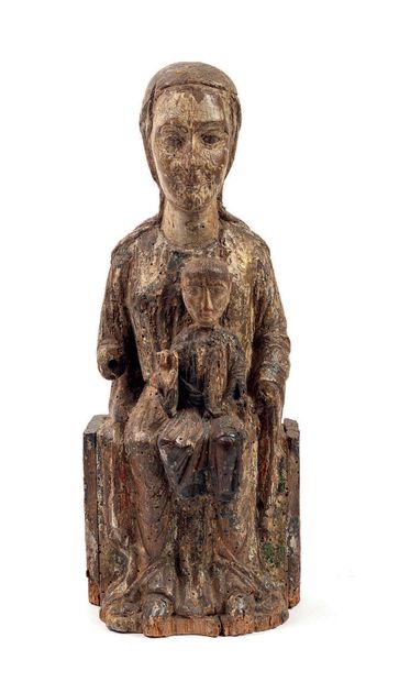 null Virgin and Child in majesty, Sedes Sapientiae type.
In carved wood with remains...